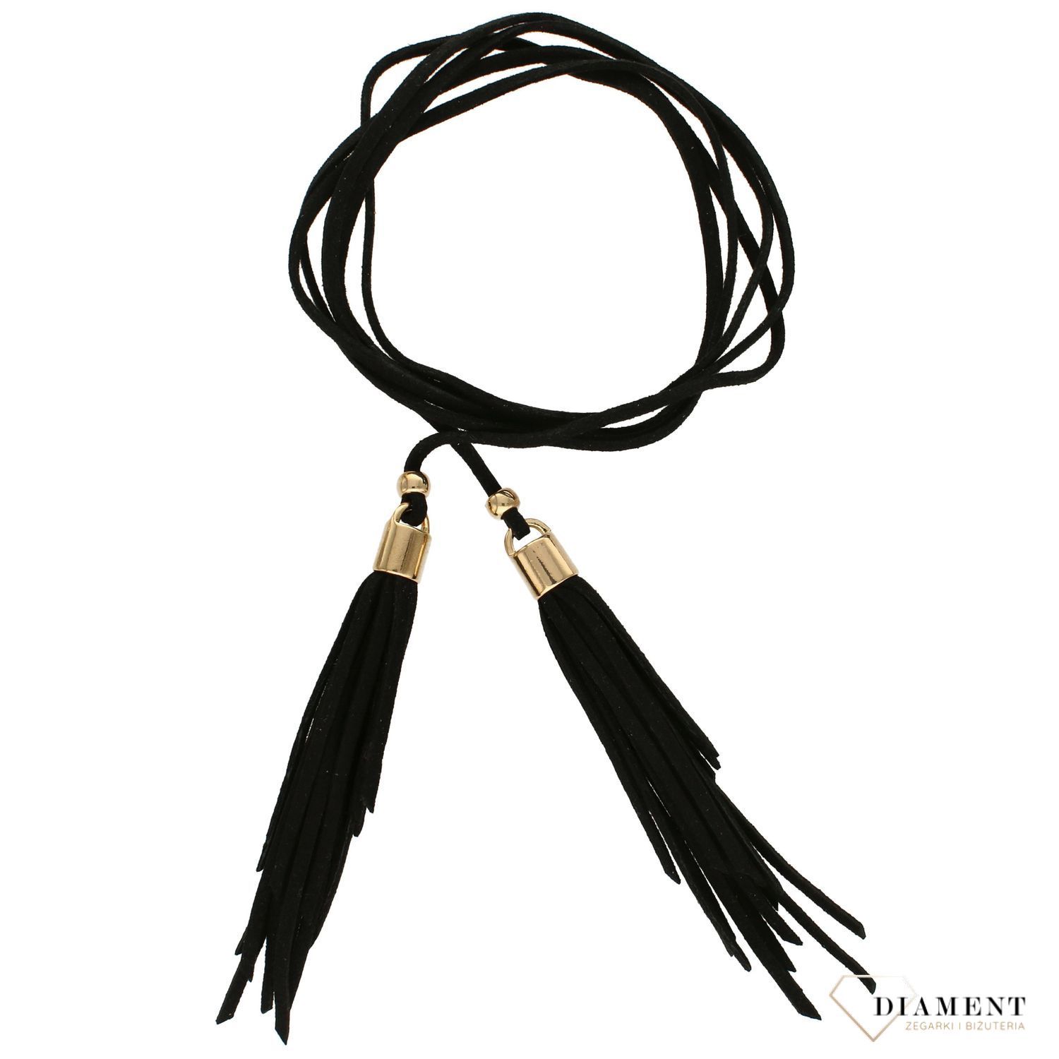 Naszyjnik choker czarny rzemyk z chwostami i złotymi dodatkami DIA-NSZ-0079-CZARNY. Ciekawy, oryginalny naszyjnik choker to dodatek idealny na lato..jpg